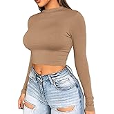 Artfish Women Long Sleeve Turtleneck Crop Top Mock Neck Tight Fitted Shirts