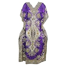 Mogul Interior Women's Caftan Maxi Dresses Purple Printed Resort Wear One Size