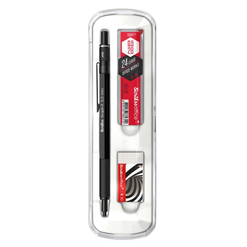 SCRIKSS - Mechanical Pencil - Graph-X + Scrikss Tube 2B Pencil Lead + Scrikss Eraser (BLACK, 0.5mm)