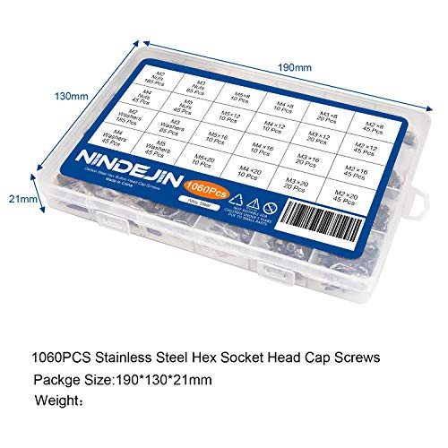 NINDEJIN M2 M3 M4 M5 Alloy Steel Socket Head Cap Screws Nuts Set 1060pcs Carbon Steel Screws Assortment Kit