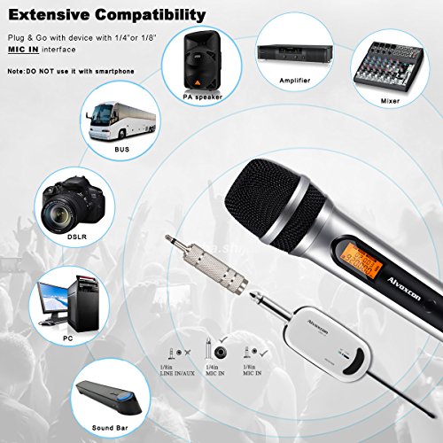 UHF Wireless Microphone, Alvoxcon vocal handheld mic system with portable mini receiver (1/4 inch plug) for Karaoke, On-stage performance, DJ, Teachers, Singing, Church, Party, Events (Silver)