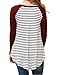 Halife Ladies Striped Long Raglan Sleeves Round Neck Tee Shirt Blouse,A-wine Red,Medium