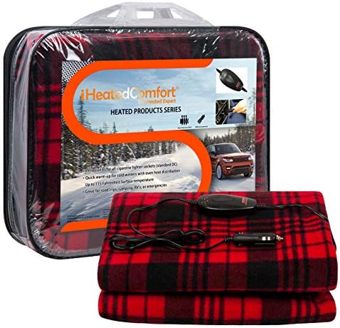 Sojoy iHealthComfort 12V Electric Heated Travel Blanket with Intelligent High Medium Low Temp 30/45/60mins Timer Auto-off Controller for Road Trip Outdoor Camping(60"x 40")(Black and Burgundy) BHO-005