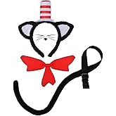 Cat Costume Accessory Set with Hat Headband, Red Bow Tie, 31-inch Black Tail, Halloween Dress Up Kit