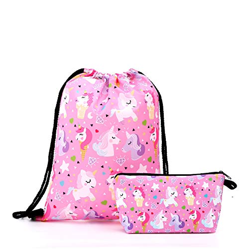 Fanovo Unicorn Drawstring Backpack/Make Up Bag/Necklace/Bracelet/Ring/Hair Ties/Gift Sets for Girls Party Christmas (A - Drawstring Set L)