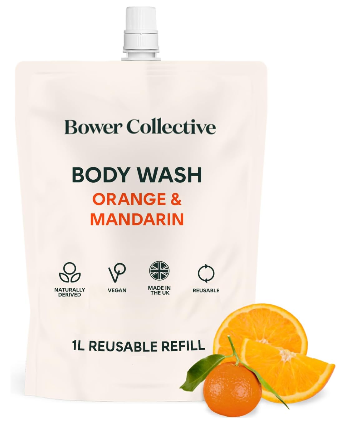 Bower Collective Orange & Mandarin Natural Body Wash Refill Pouch 1 Litre, Shower Gel with Essential Oils, Moisturising Body Wash, Zero Plastic Waste โ image 1
