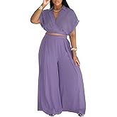 KEYUFANG Women's Summer 2 Piece Outfits Wrap V Neck Crop Top and Wide Leg Pants Sets Casual Vacation Outfits