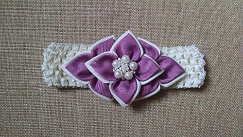 Baby Girl Headband, Pink Kanzashi Flower Ivory Pearl, Infant Hairbow