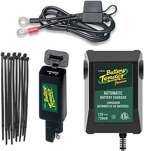 Motorcycle Dual Charge Bundle - 4 Items: Battery Tender Junior 12V 0.75A, Ring Terminal Harness With Fuse, Quick Disconnect USB and Dorman 4" Black Zip Ties