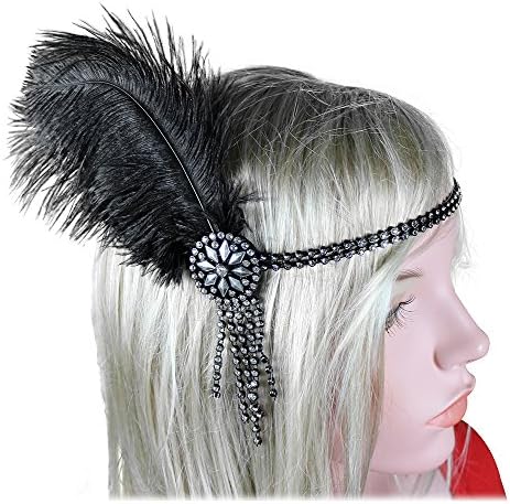 Blue Black 1920s Flapper Headband 20s 30s Great Gatsby Headpiece Feather Gatsby Hair Accessories Rhinestones Crystal Headdress