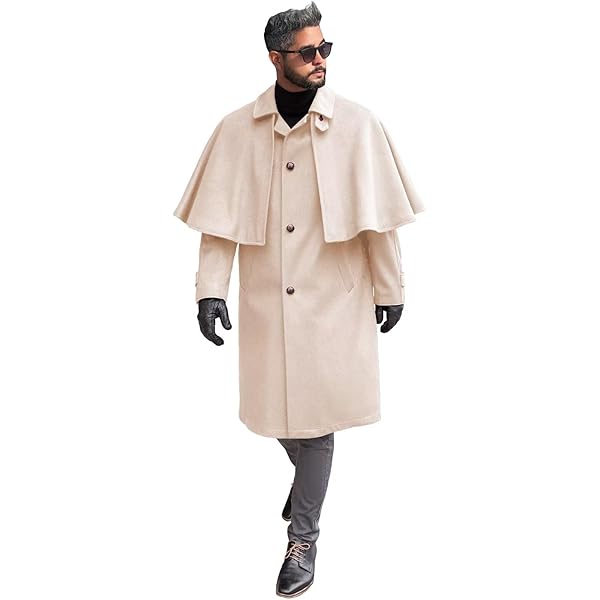Amazon.com: JBAWIE Beige Men's Cashmere Long Overcoat with Cloak