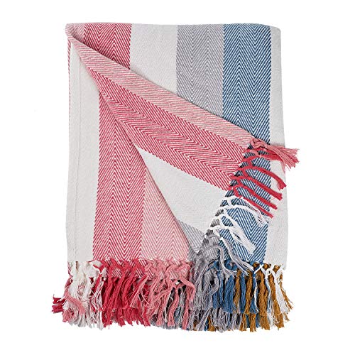 MOTINI 100% Cotton Multi-Colored Throw Blankets, Herringbone Red Striped Soft Cozy Decorative Blankets with Tassels…