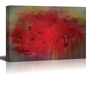 Red Poppy Flowers with a Red Texture Over it and a Green Vignette Around Them - Canvas Art Home Art - 12x18 inches