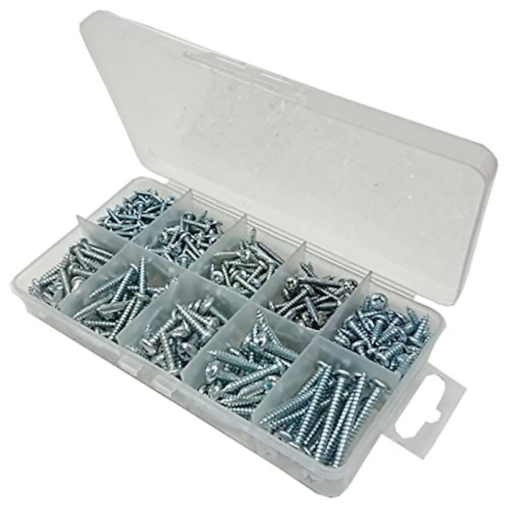 Merriway BH06577 (270 Pcs) Assortment of BZP Pozi Pan Head Self Tapping Screws in a 10 Compartment Carry Case - Pack of 270 Pieces