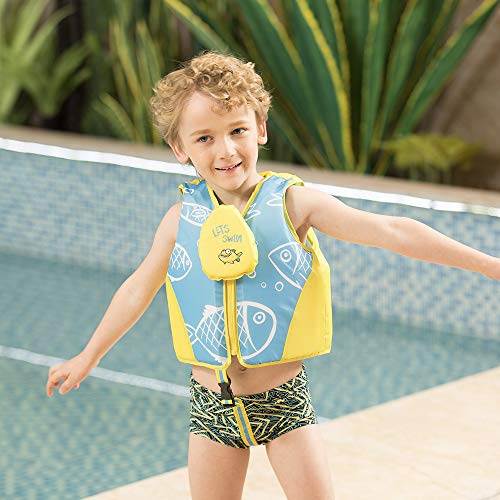 Megartico Swim Float Vest Kids Childrens Swimming Jacket Buoyant Aid with Zipper Cover (Blue/Yellow Bubble Fish, Medium)