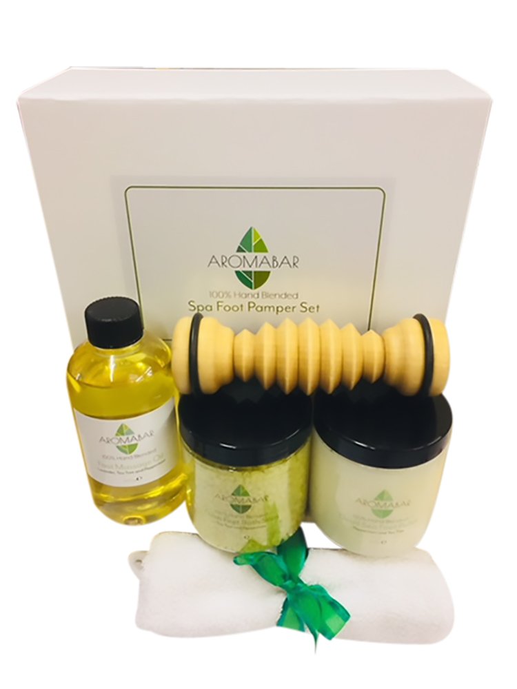 Spa Foot Pamper Gift Set includes Foot Massage Oil, Fresh Feet Salts Soak, Dead Sea Scrub & Wooden Foot Roller Massager
