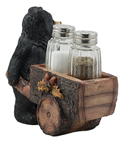 Ebros Woodlands Spice Delivery Black Bear Pushing Vintage Wagon Cart Salt And Pepper Shakers Holder  - //coolthings.us
