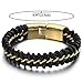COOLSTEELANDBEYOND Large 8.4 Inches Mens Black Braided Leather Bracelet Interwoven with Gold Curb Chain in Steel
