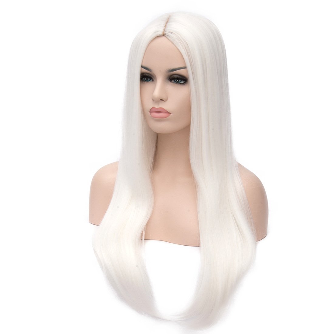 PORSMEER Long Straight White Hair Costume Cosplay Halloween Wig,with Wig Cap, Natural Looking Synthetic Wig 26inch
