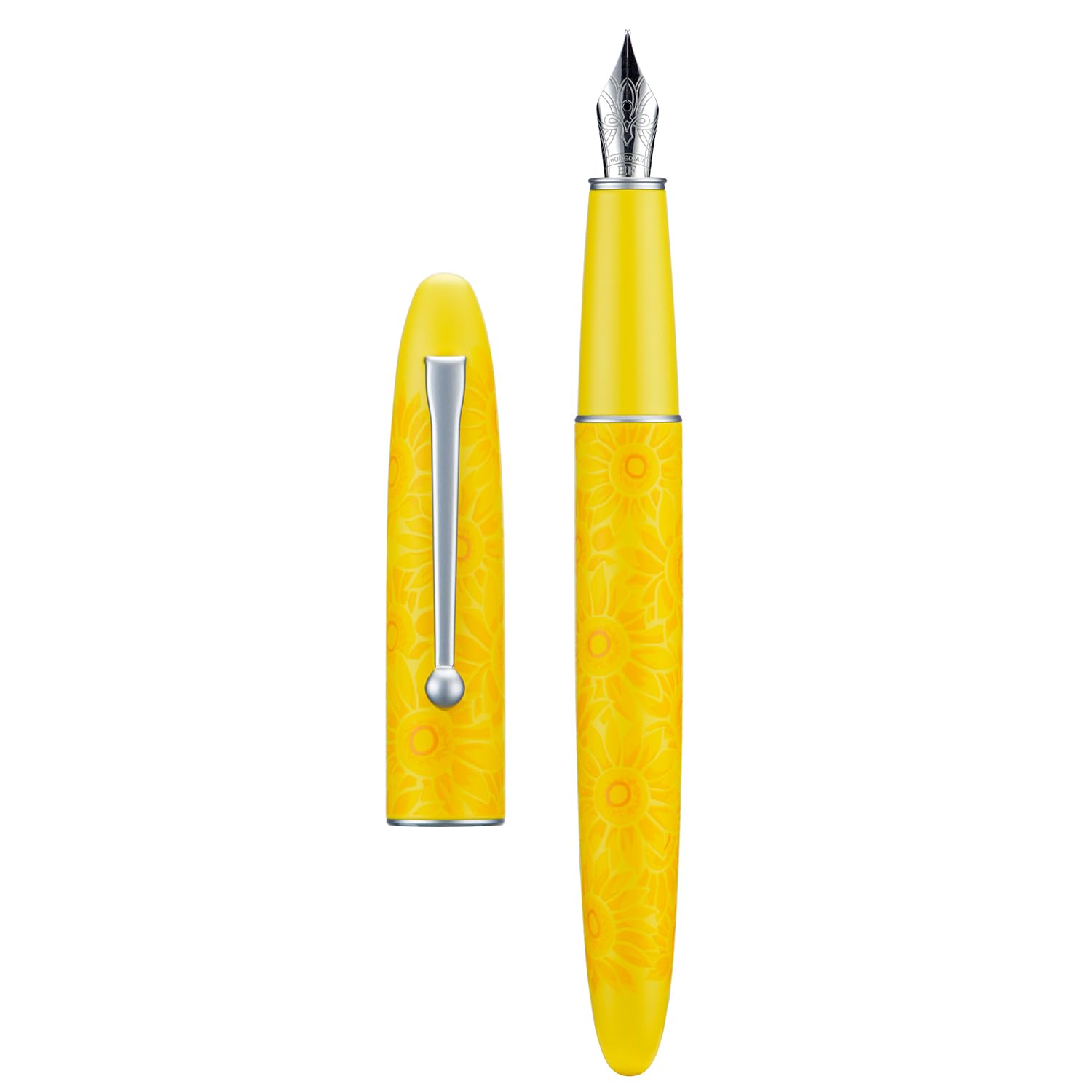 HONG DIAN C3 Fountain Pen, Iridium Extra Fine Soft Nib Chinese Knot Carving, Bright Yellow & Sunflower Painting Design with Metal Box Set,Sunflower Yellow