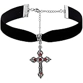 Gothic Cross Necklace Halloween Necklace for Women Vintage Big Cross Choker Black Red Crystal Gem Necklaces Punk Style Victoria Vampire Necklaces Halloween Witch Costume Accessories Gothic Jewelry