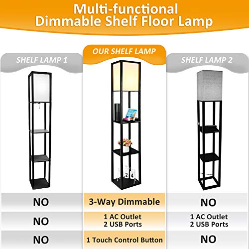 LED Shelf Floor Lamp with 2 Fast Charging USB Ports & Power Outlet, 3