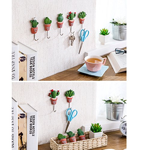 Zubita Stainless Steel Hooks, Cute Simulation Cactus Plants Hooks Powerful Adhesive Wall Accessories Multifunction J Hook Holder for Bathroom, Kitchen and Bedroom (Long Leaf Cactus)