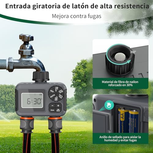 vantisan Temporizador de riego 2 Zonas Programable para Manguera 2 Salidas, con Modo automático, Manual y retardo por Lluvia para Plantas, Césped y Jardines