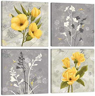 Kalawa イエローグレーの花 ウォールアート 飛ぶ鳥プリント キャンバス クラシック ホームインテリア 植物絵 4パネルポスター 寝室 リビングルーム バスルーム オフィス 大きな絵画フォトフレーム すぐに掛けられます Denuo Steen Nl