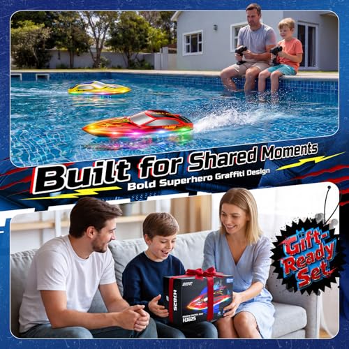 DEERC 2-Pack Fast RC Boats for Kids, Dual-Style Racing Set with LED Lights, 20 KPH High-Speed Remote Control Boats, 4×1200mAh Batteries, Waterproof Toy for Lakes & Pools