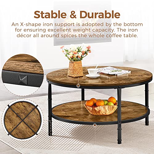 Yaheetech Round Coffee Table, Industrial Coffee Table with Shelf, 2