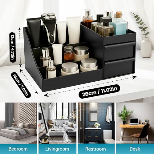 SEOSI Cologne Organizer for Men,Bathroom Organizers Shaving Tools Men,Perfume Organizer with Drawer,Dresser Organizer Countertop for Men's Bedroom Essentialsnd storage, bathroom decor (Black, Medium)