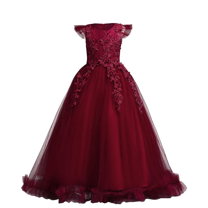 FYMNSI Blumenmädchen Kleid Kinder Langes Tüll Hochzeitskleid Brautjungfern Formale Partei Abendkleid Blumen Stickerei Cocktai