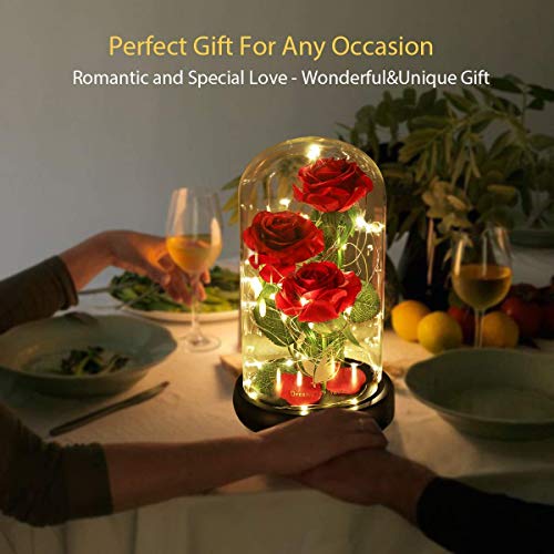 Beauty and The Beast Rose flowers, 40 LED Lights in Glass Dome on Wood Base, Warm Light mode, a Fallen leaves, Multi Use for Home/Office or Home Decorations, Mother's Day Gifts for Women - Thumbnail 6