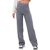 Flygo Womens High Waisted Multiple Pockets Straight Leg Flexipants Stretchy Work Trousers Button Down Casual Pants(Grey Medium)