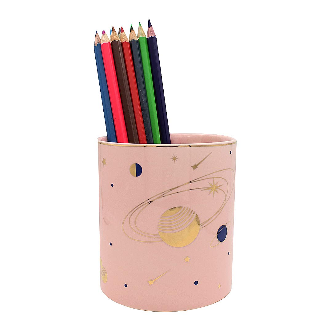SIPLIV Starry Sky Pencil Holder Pen Containers, Durable Ceramic Desk Organizer Makeup Brush Holder for Office Classroom Home - Planet, Pink