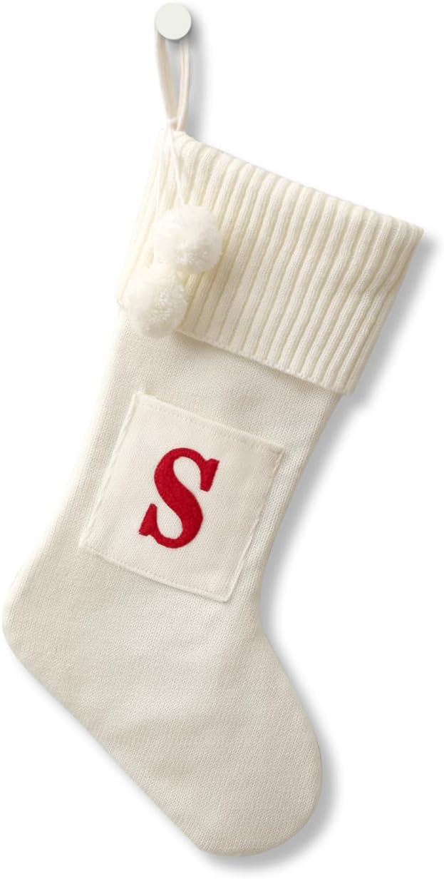 Stockings & Holders - CRSMHLPK 20 Inches Initial Christmas Stocking Monogram Christmas Stocking White with red Embroidered Letter Christmas Decorations 02-S-White