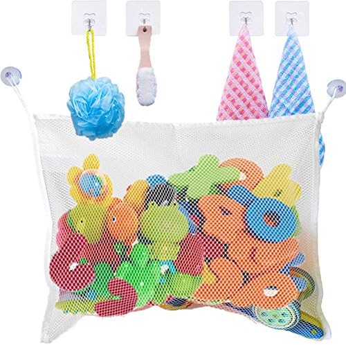 SISTER LUM Baby Bath Toy Organizer Mesh Toy Bag with 4 Bonus Strong Adhesive Hooks White