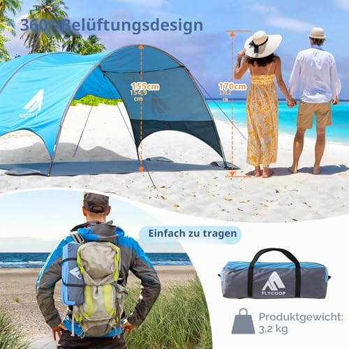 Beach Shelter with UV Protection UPF 50+ - Portable Beach Canopy & Sun Protection for Beach, 360° Ventilation, 4 Sandbags, Double Pockets, Pegs & Ropes (270 x 165 x 158 cm + 190 x 250 cm)