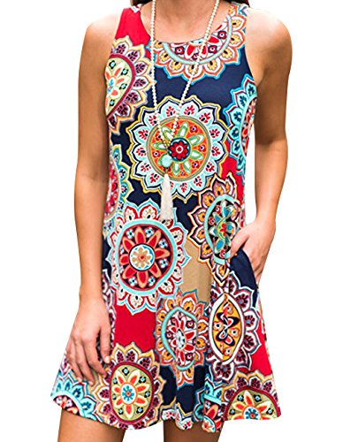 Womens Crew Neck Printed Sleeveless Casual Tunic Tops Summer Swing Tee Shirt Dress with Pockets (Navy Blue, XL) - Thumbnail 2