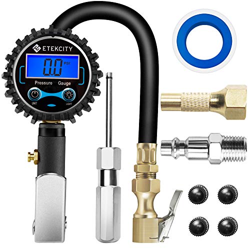 Etekcity Tire Inflator with Pressure Gauge, 250 PSI Digital Deflator, Air Chuck and Compressor Accessories Heavy Duty with Rubber Hose, Accurate 0.1 Display Resolution, Leakproof, for Car Bike, Black