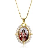 KOMI Virgin Mary Jesus St Michael Pendant Necklace for Women Dainty 18K Gold Plated Saint Medal with Pearl Protection Necklace Catholic Religious Jewelry