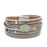 Green Leather Wrap Bracelet - Pearl and Colorful Beads Cuff Bangle - Charm Jewelry for Teens,Women,Girl Gift - with Magnetic Buckle and Gift Box By Jenia