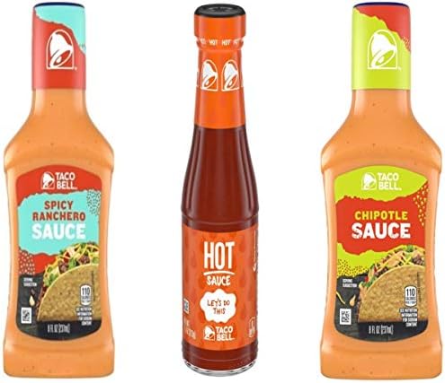 Taco Bell Chipotle Sauce, 8 oz, Ranchero Sauce 8 oz & Taco Bell Hot Sauce 7.5 oz (3 Pack, 1 of Each)