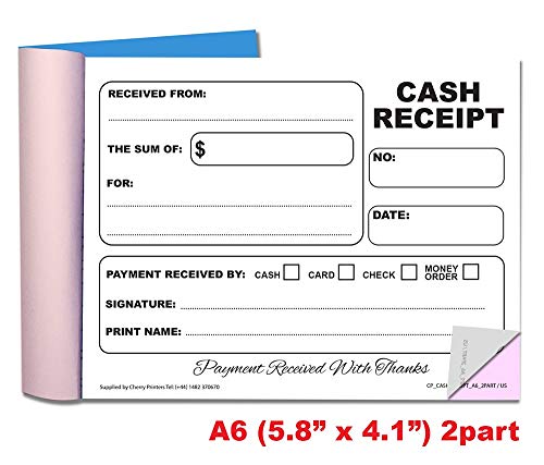Cherry Carbonless Cash Receipt Book, 2-Part, with Loose-Leaf Writing Shield, A6 (4.1 x 5.8 Inches) 50 Sets, Unnumbered