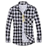 OCHENTA Men's Button Down Long Sleeve Plaid Flannel Shirt N055 White Black Asian XL - US M