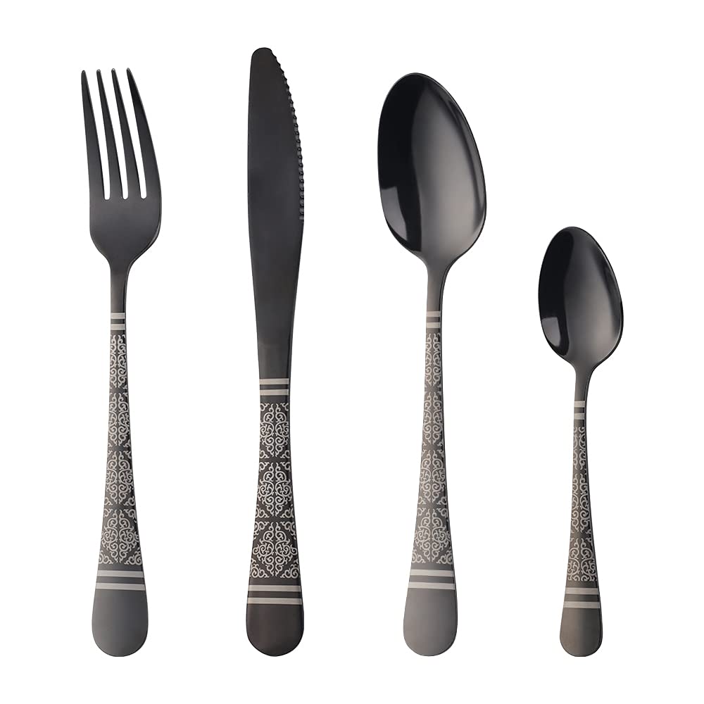 Cutlery Set, Buyer Star 16-Piece Stainless Steel Flatware Set, Laser Flower Pattern Tableware Silverware Set with Spoon Knife and Fork Set, Service for 4, Dishwasher Safe (Black)