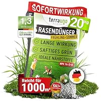 TerraUno Rasendünger Frühjahr/Sommer I Sofortwirkung für saftiges grün I 20 kg für 1000 m² I gesunder Rasen verdrängt Moos und Unkraut I NPK Dünger Rasen I Gegen Trockenstress I Für den Streuwagen