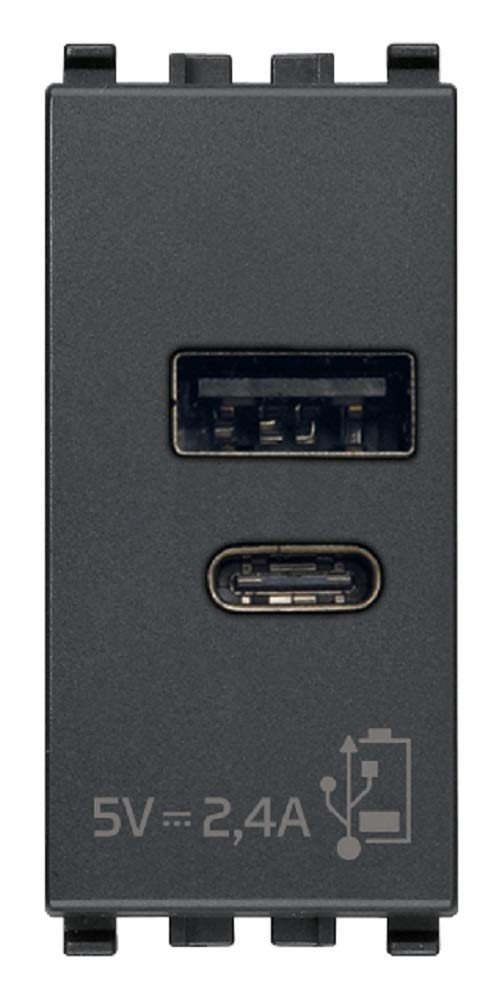 Vimar 20292.AC Eikon USB Socket 5V 2.4A, 1 USB Output Type A and 1 Type C, Total 2.4A for simultaneous Charging of Two Devices