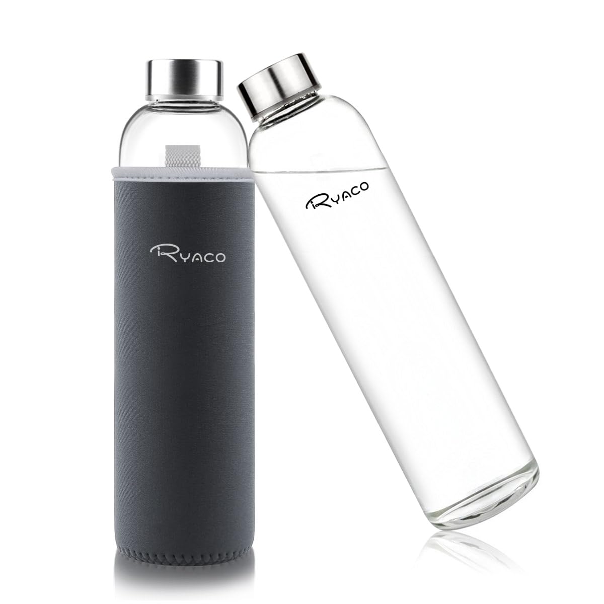 RYACO Glass Water Bottle 750ml/25oz,Borosilicate Glass Bottle with Neoprene Protective Case for Hot Cold Drinks,BPA-Free Leak Proof,Sport Water Bottles with Sponge Brush,Dishwasher Safe